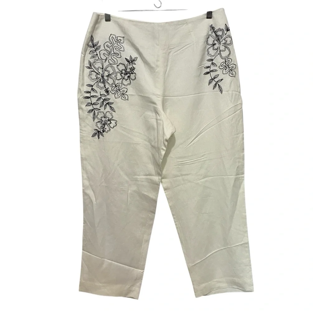 Alexandra Bartlett Women's Linen-Blend Pant Size 14 White Floral‎ Embroidered